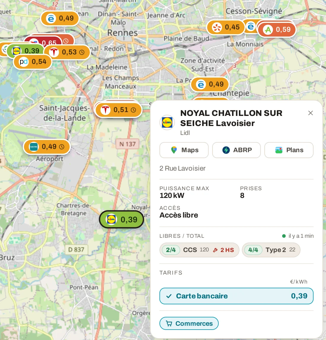 Kargit — la carte des prix des bornes et la fiche d’une borne, avec les prises libres en direct