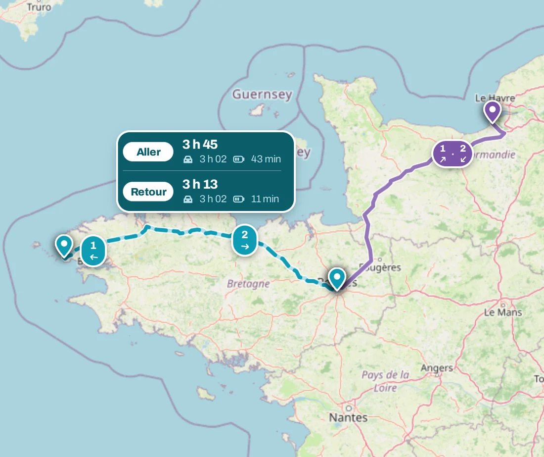 Kargit — les trajets sur la carte, avec leurs arrêts de recharge