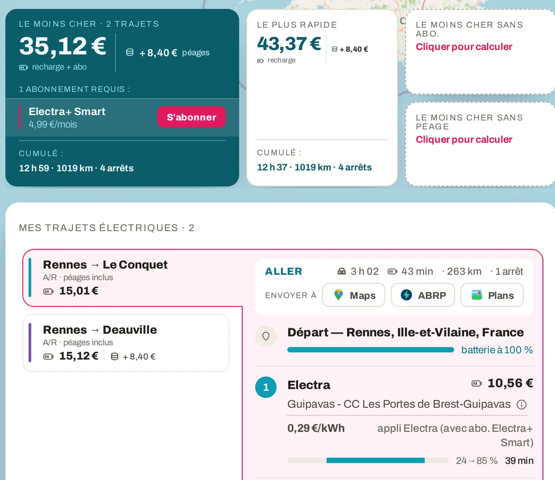 Kargit — résultats d’un calcul sur deux trajets : le moins cher, le plus rapide, l’abonnement à prendre